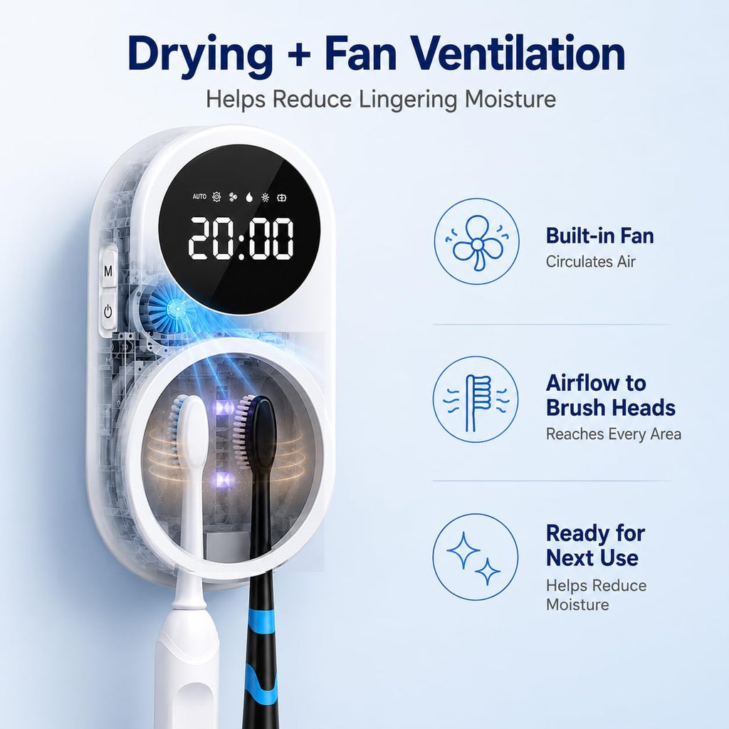 UV Toothbrush Sanitizer Holder – Wall-Mounted, Fan Drying (2 Slots)