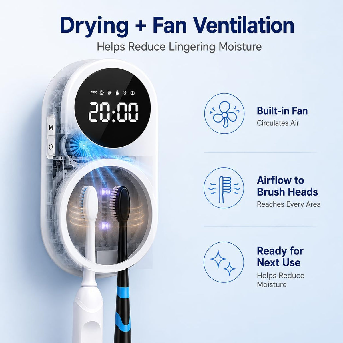 UV Toothbrush Sanitizer Holder – Wall-Mounted, Fan Drying (2 Slots)