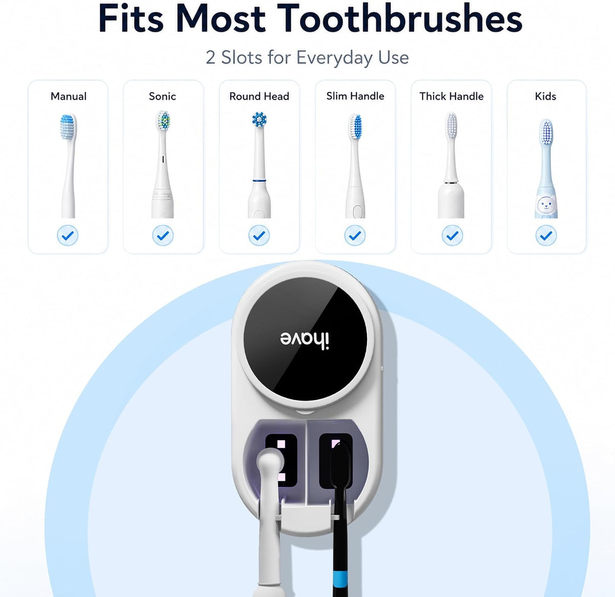UV Toothbrush Sanitizer Holder – Wall-Mounted, Fan Drying (2 Slots)